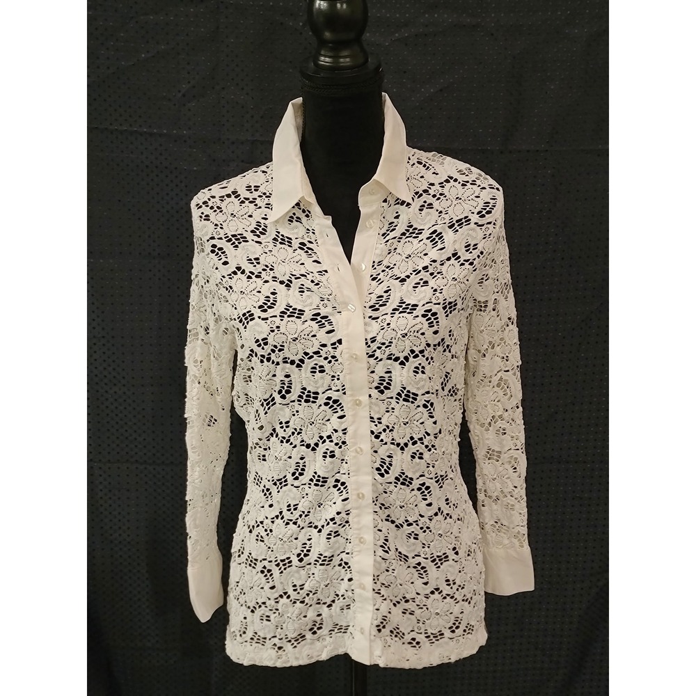 Anne Fontaine Melissa White Lace Button Down Shirt Floral Guipure Blouse Size 44